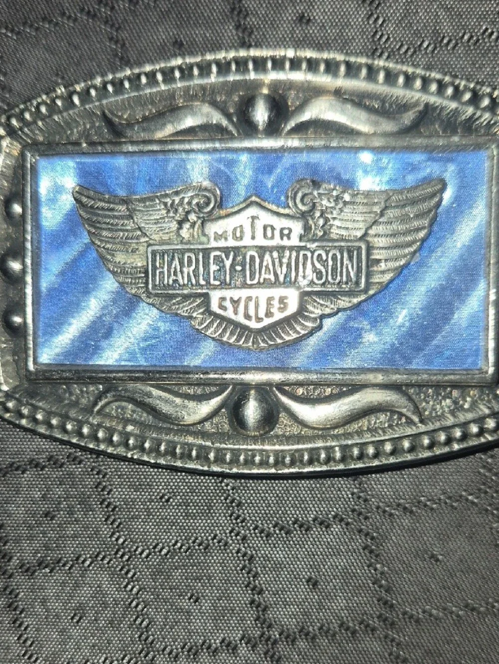 Vintage Harley-Davidson Silver Buckle with Blue Enamel Inlay
